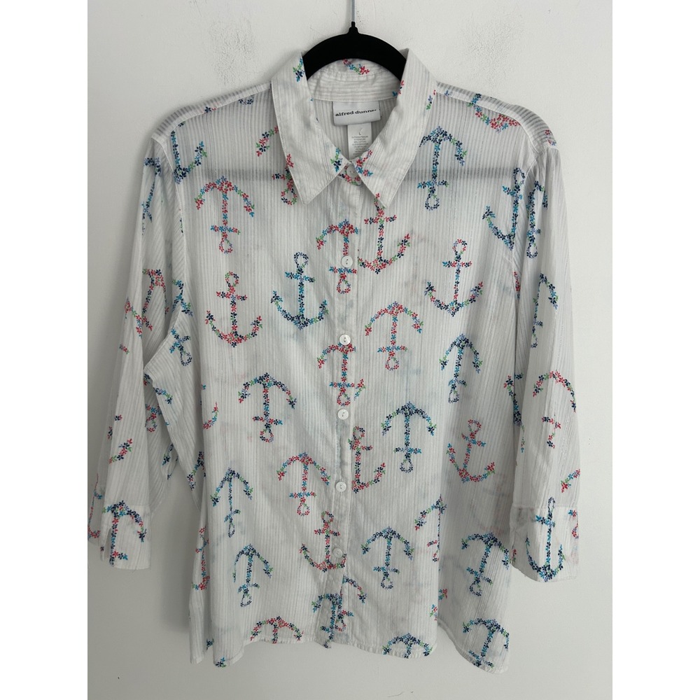 Alfred Dunner Womens White Floral Anchor Nautical Button Up Blouse 3/4 Sleeve L